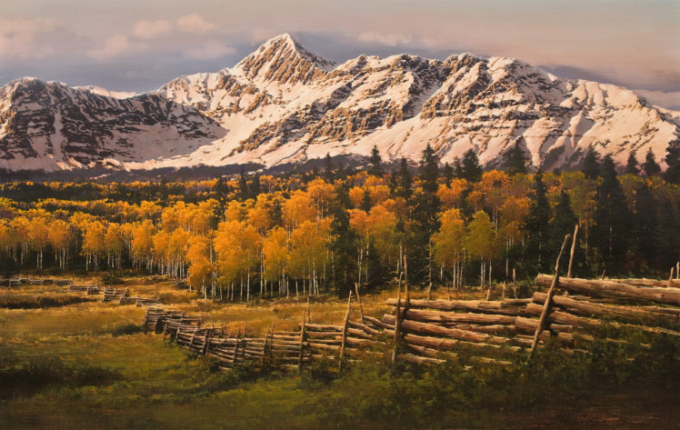 san, Juan, Range, Painting, Autumn, Landscape, Forest, Autumn, Mountains, Snow, Birch, Trees, Fence HD Wallpaper Desktop Background