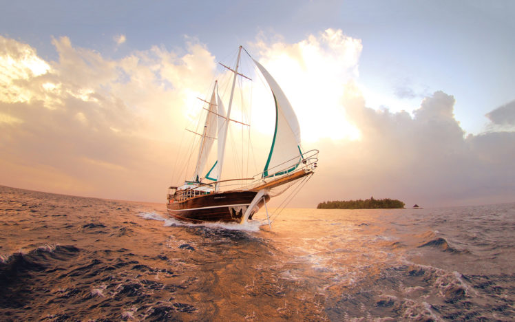 sea, Ocean, Island, Clouds, Sky, Boat, Sailboat HD Wallpaper Desktop Background