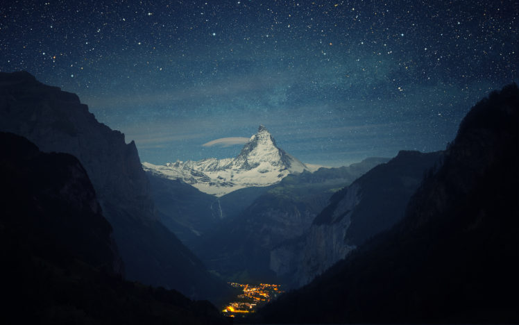matterhorn, Mountain, Night, Stars, Landscape, Town, Valley HD Wallpaper Desktop Background
