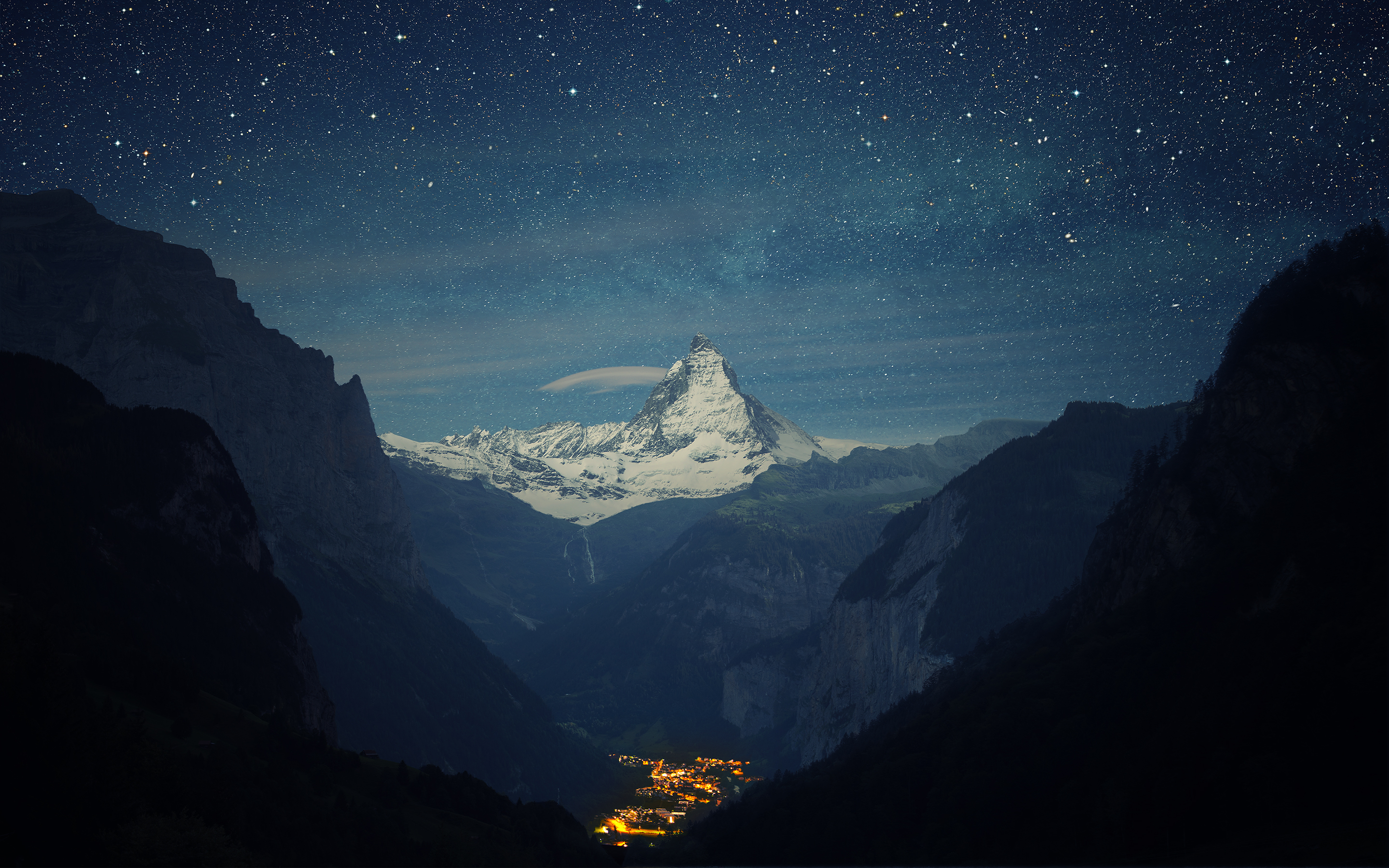 matterhorn, Mountain, Night, Stars, Landscape, Town, Valley Wallpaper