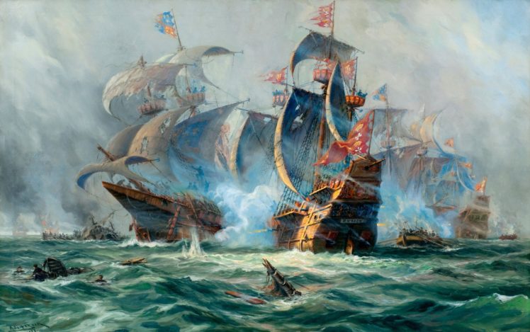 art, Ships, Sailing, Battle, Ocean, Painting, Ship HD Wallpaper Desktop Background
