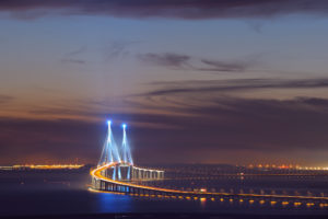 asia, South, Korea, Incheon, Songdo, Bridge, Lighting, Exposure, Lights, Night, Sky, Clouds