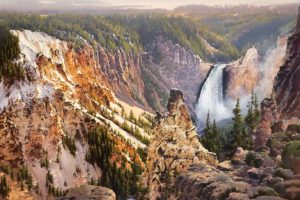 bruce, Cheever, Falls, Yellowstone, Painting, Nature, Mountain, Mountains, Waterfall