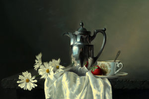still, Life, Alexei, Antonov, Table, Picture, Coffee, Pot, Strawberry, Strawberries