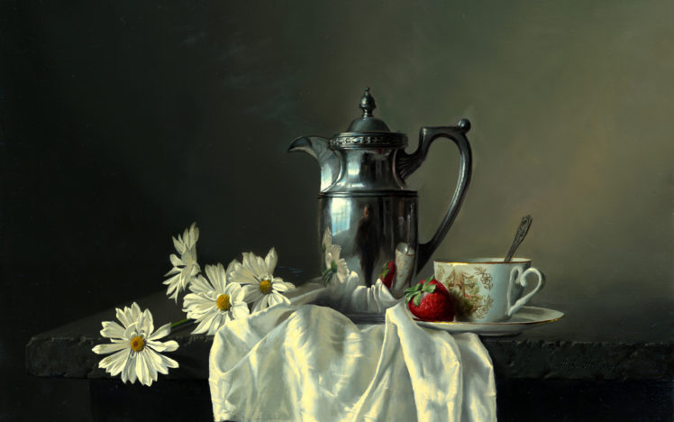 still, Life, Alexei, Antonov, Table, Picture, Coffee, Pot, Strawberry, Strawberries HD Wallpaper Desktop Background