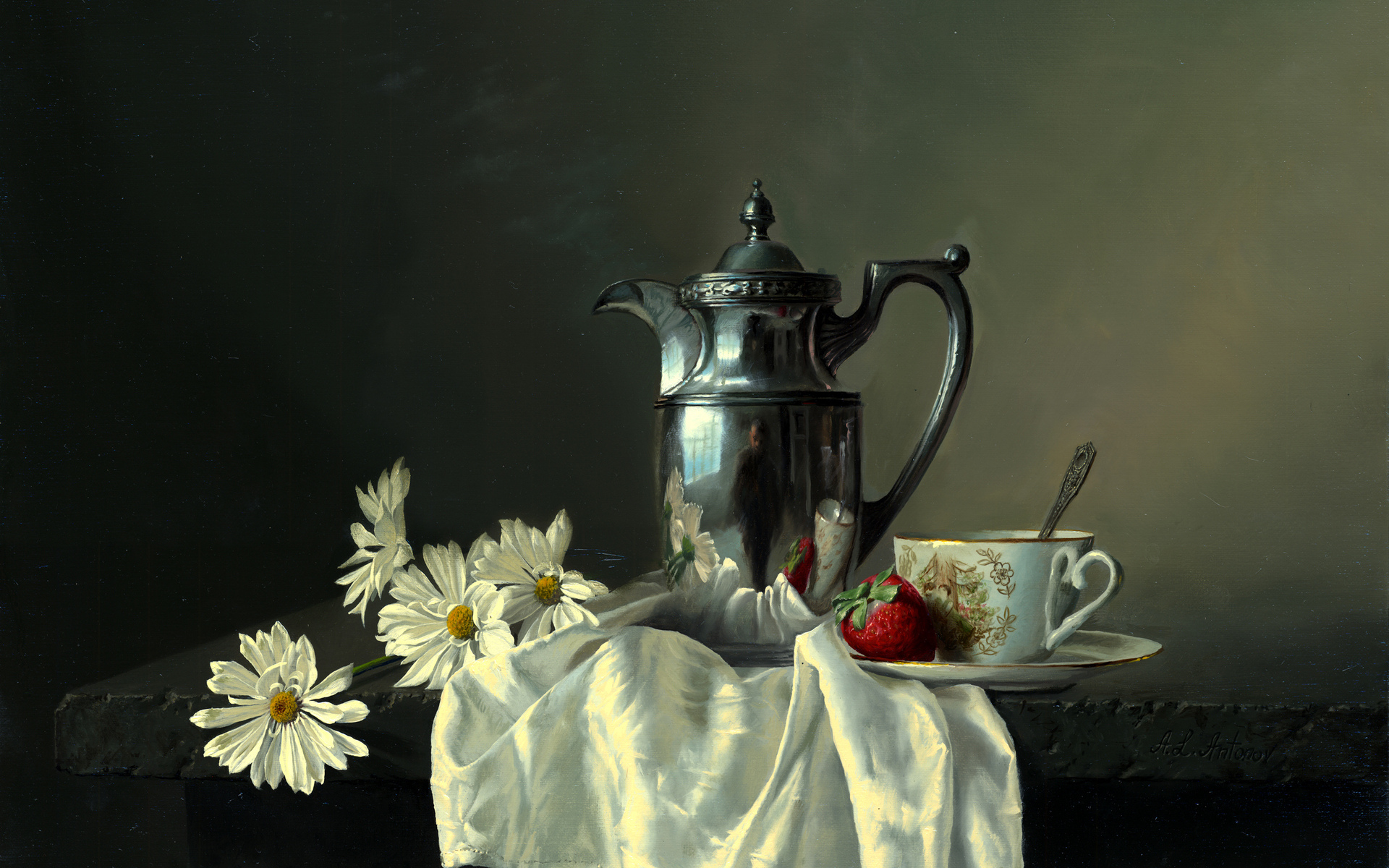 still, Life, Alexei, Antonov, Table, Picture, Coffee, Pot, Strawberry, Strawberries Wallpaper