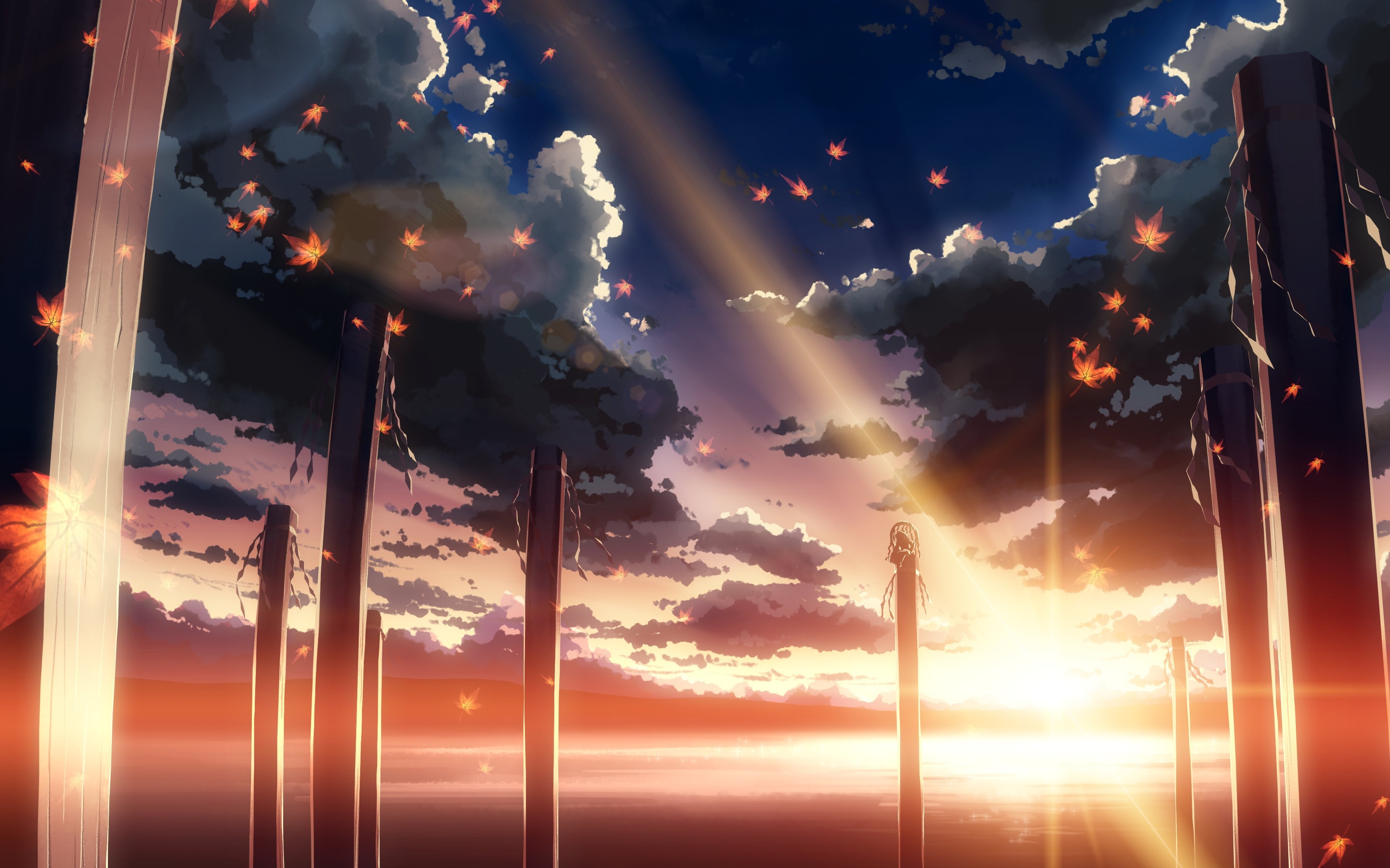 clouds, Touhou, Sun, Leaves, Sunlight, Maple, Leaf, Lakes, Yasaka, Kanako, Skyscapes, Games Wallpaper