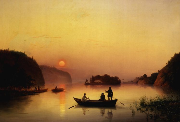 picture, Ivanov, Ferry, River, Walk, Boat, Fog, Painting, Sunset, Reflection, Mood HD Wallpaper Desktop Background