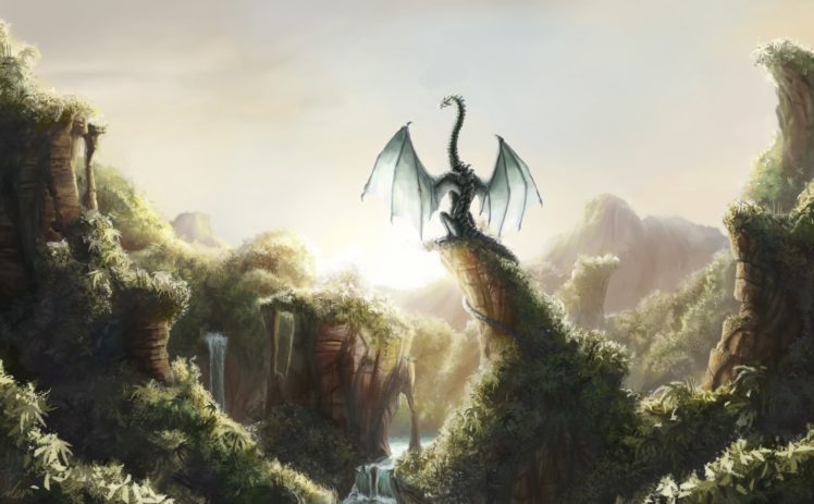 dragons, Fantastic, World, Fantasy, Dragon, Waterfall, Jungle, Forest, River HD Wallpaper Desktop Background