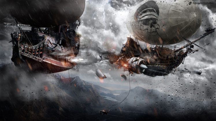 steampunk, Ships, Battle, Flight, Fantasy, Sci fi, Art, Pirate, Pirates, Ship HD Wallpaper Desktop Background