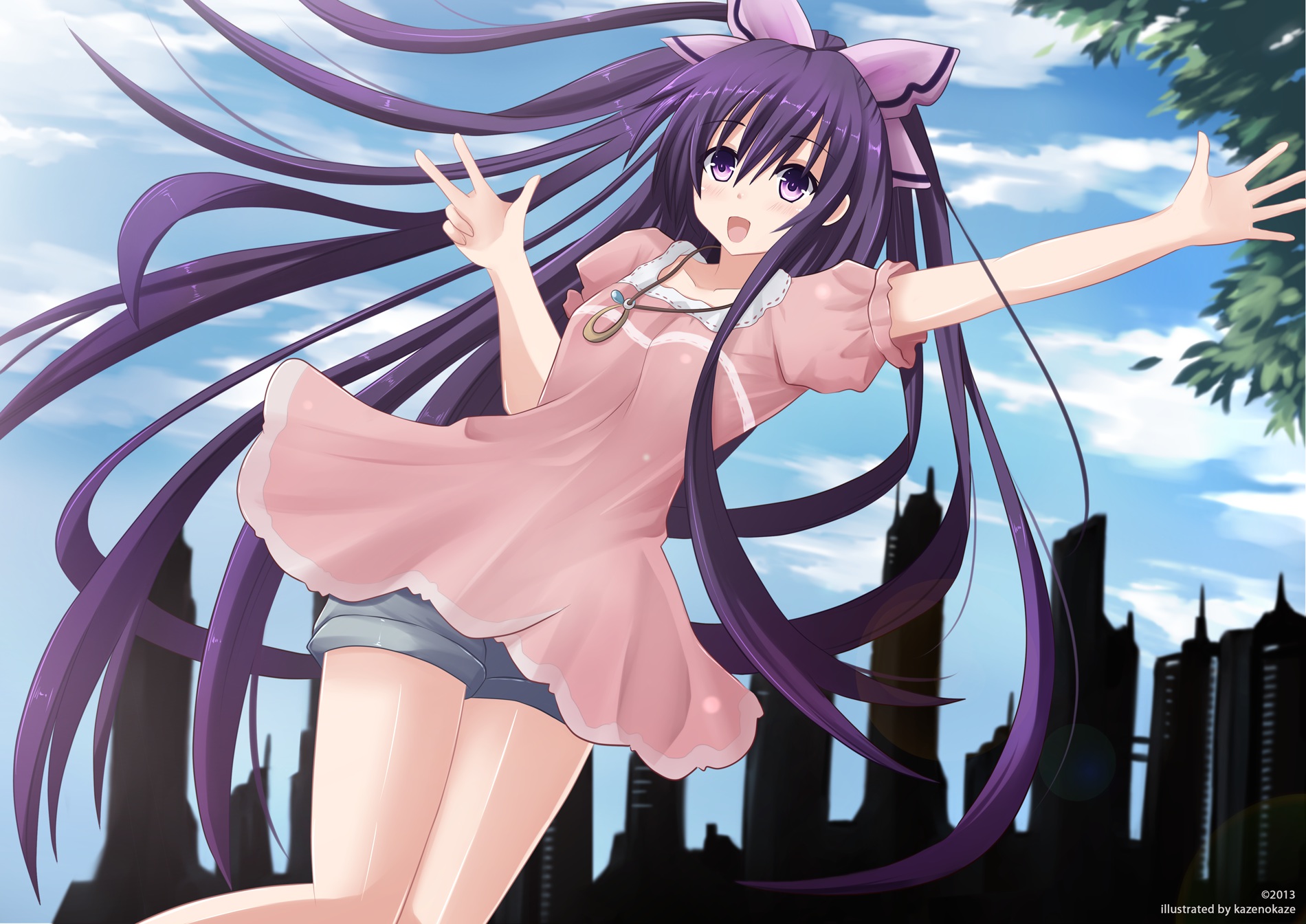 date, A, Live, Bow, Kazenokaze, Purple, Eyes, Purple, Hair, Yatogami, Tohka Wallpaper