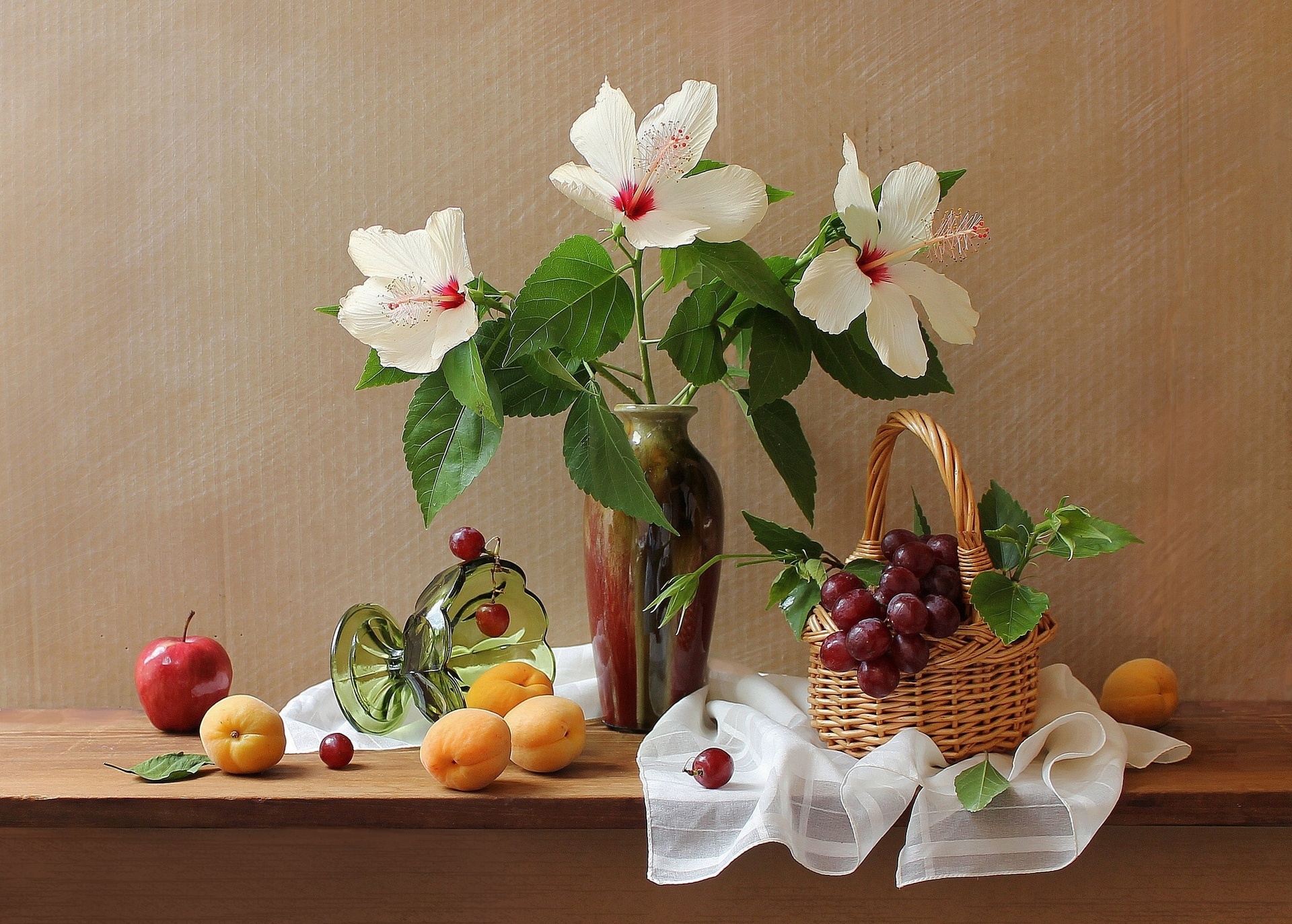 apricots, Grapes, Apples, Flowers, Hibiscus, Basket, Vase, Still, Life Wallpaper