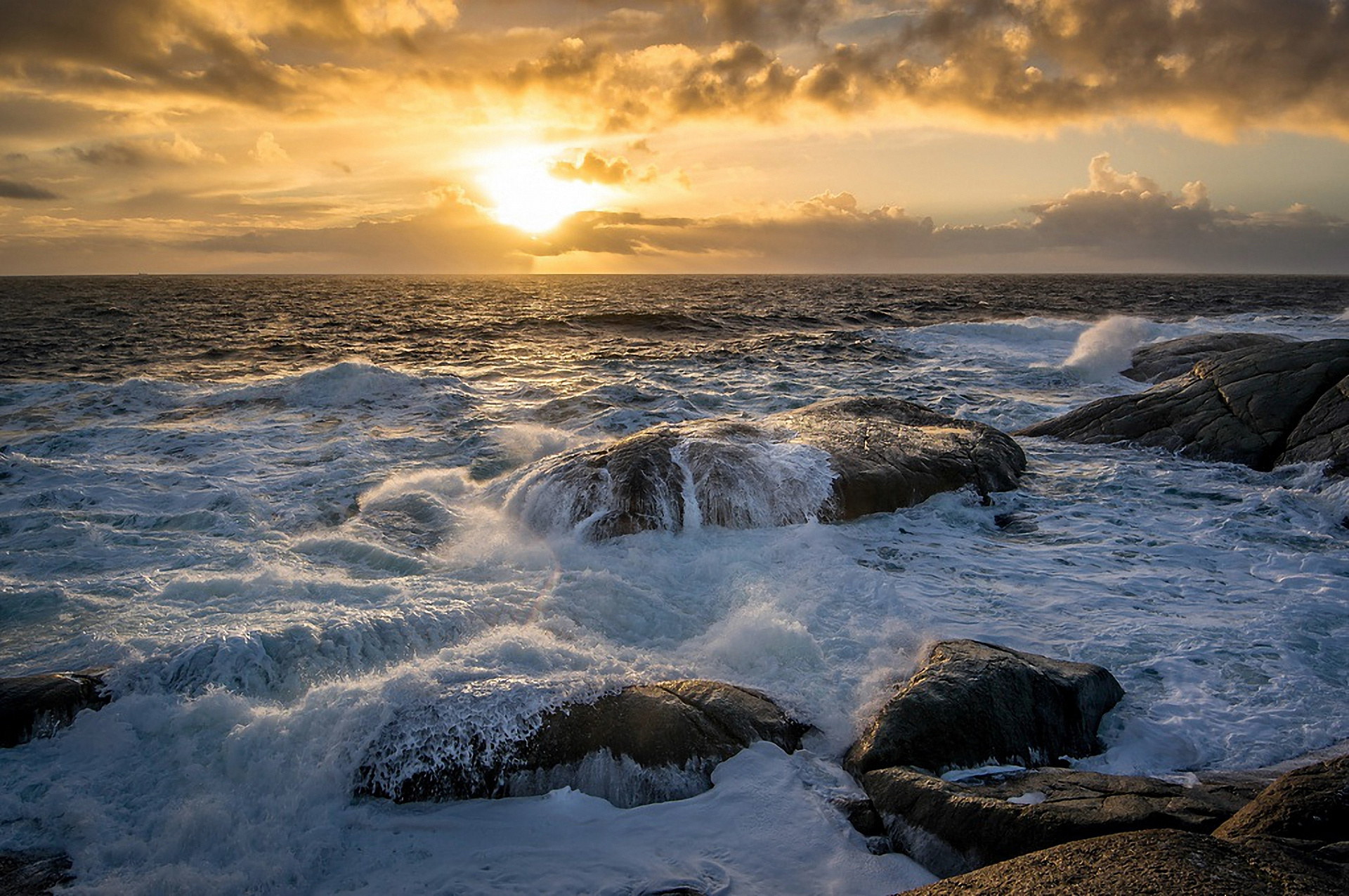 landscape, Sunrise, Sea, Ocean, Rocks, Surf, Sun, Clouds Wallpaper