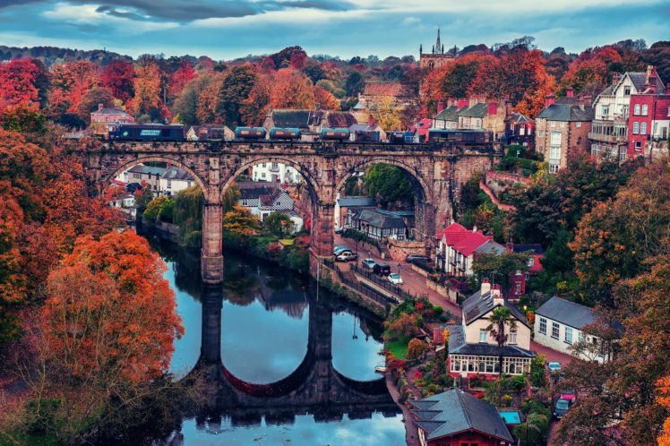 river, Nidd, Knaresborough, England, Bridge, Train, Fall, Reflection, Autumn HD Wallpaper Desktop Background