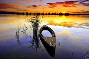lake, Reflection, Sunset, Sky, Boat