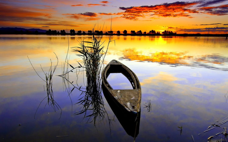lake, Reflection, Sunset, Sky, Boat HD Wallpaper Desktop Background