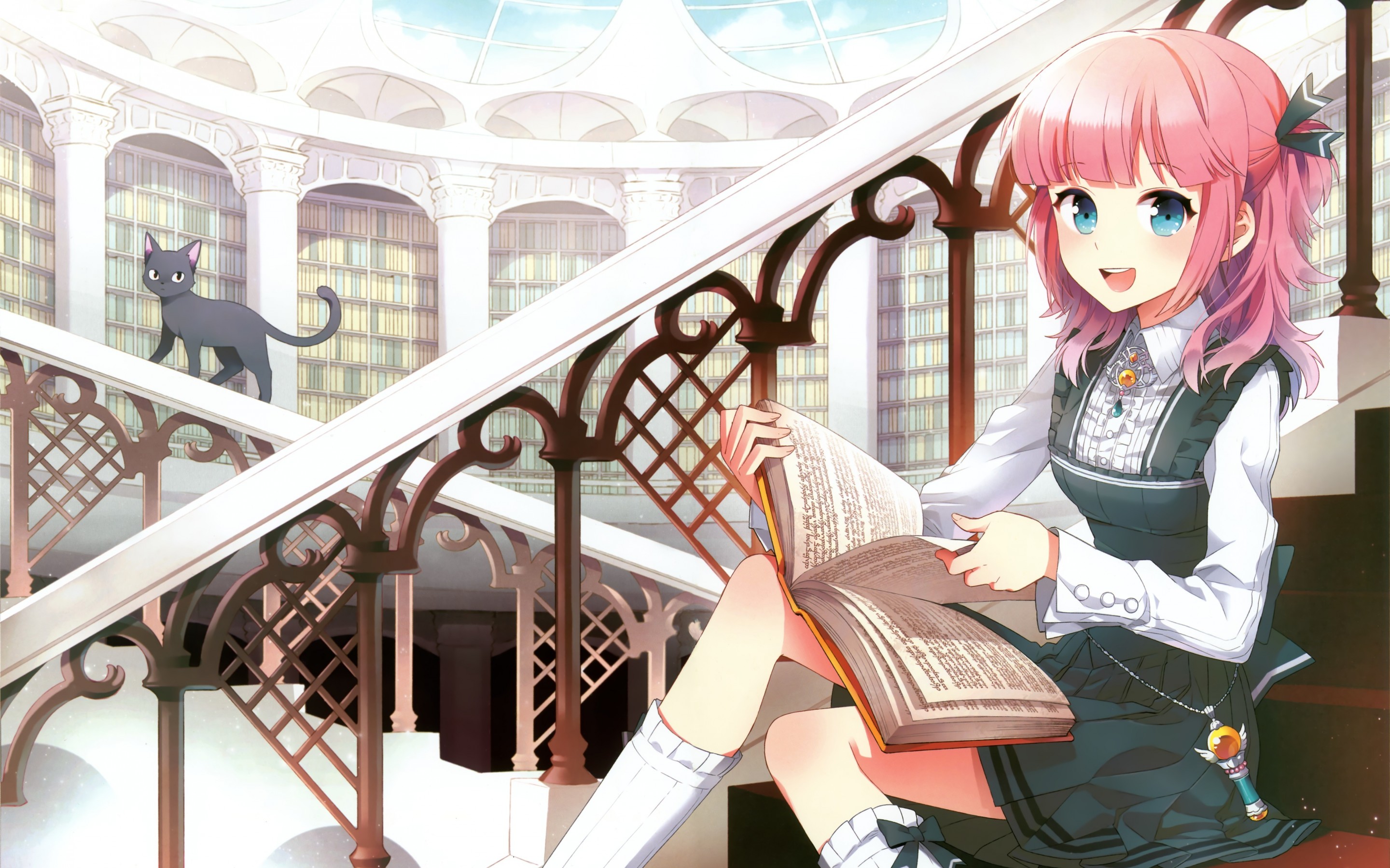 original, Girl, Book, Railings, Cat, Library Wallpaper