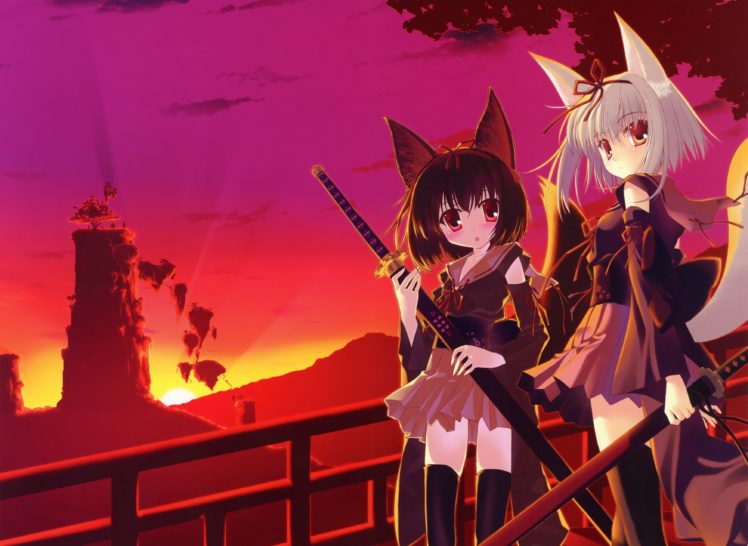 original, Girls, Animal, Ears, Brown, Hair, Foxgirl, Headband, Katana, Kokonobi, Nanao, Naru, Original, Short, Hair, Skirt, Sunset, Sword, Tail, Thighhighs, Weapon, White, Hair HD Wallpaper Desktop Background