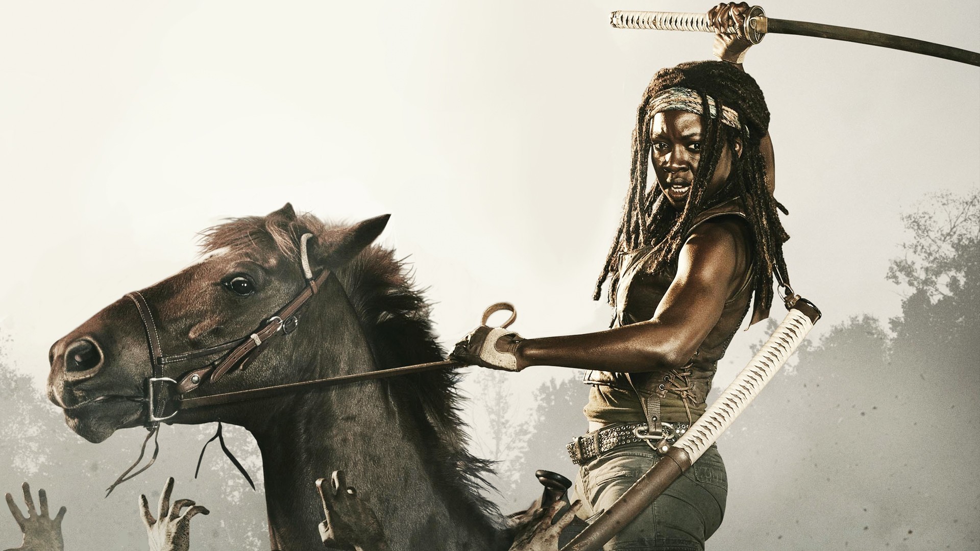 the, Walking, Dead, Michonne, Sword, Katana, Horse, Zombies, Danai, Gurira, Fantasy Wallpaper