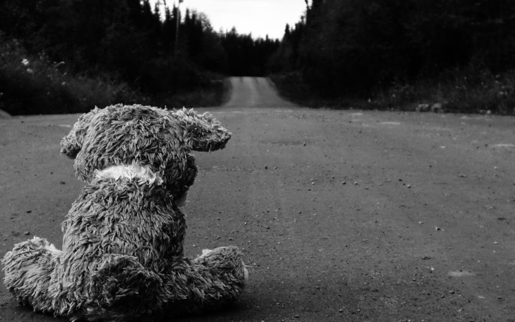 sad, Roads, Stuffed, Animals, Monochrome, Teddy, Bears HD Wallpaper Desktop Background