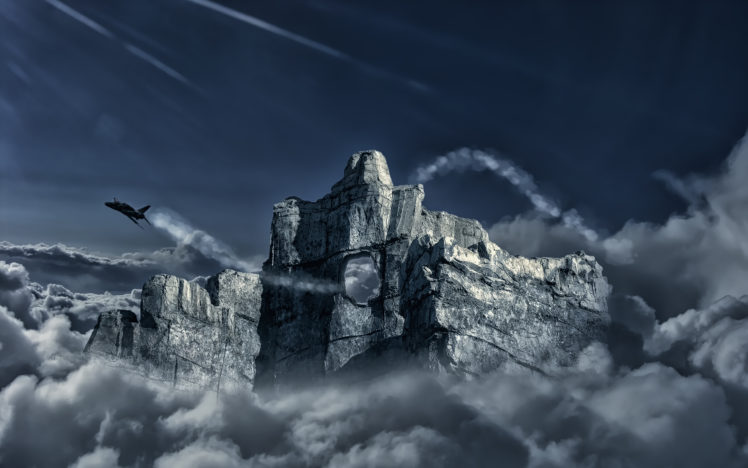 art, Airplane, Fighter, Rock, Hill, Hole, Opening, Flying, Clouds, Mountains, Jet, Jets, Military HD Wallpaper Desktop Background