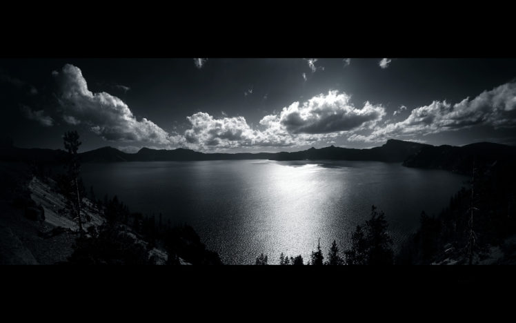 water, Clouds, Nature, Trees, Grayscale, Monochrome, Lakes HD Wallpaper Desktop Background
