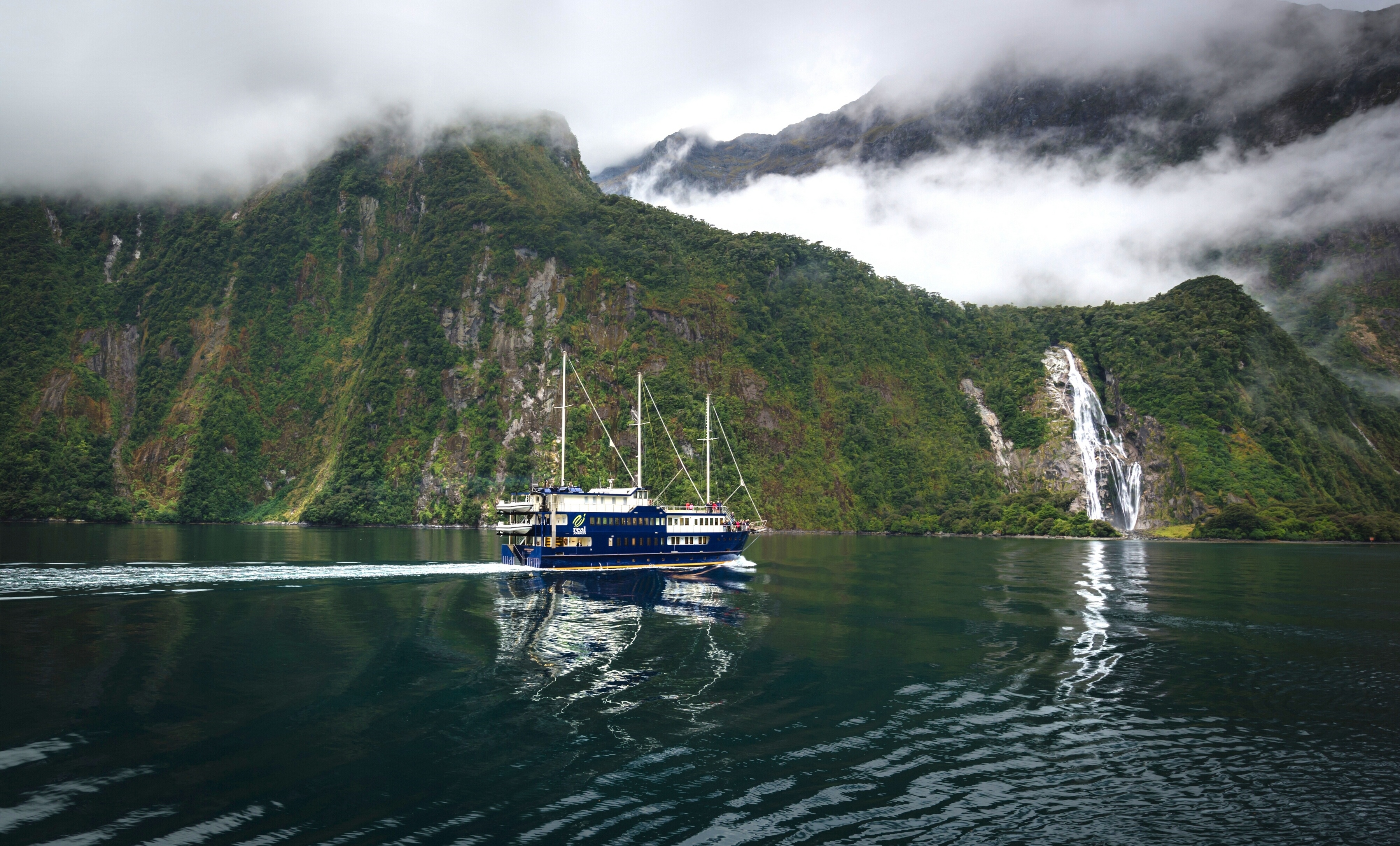 new, Zealand, Mountains, Waterfalls, Fjord, Boat Wallpaper