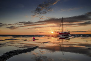boat, Beached, Sunset, Reflection