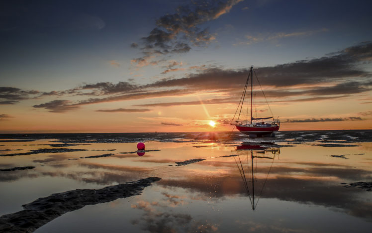 boat, Beached, Sunset, Reflection HD Wallpaper Desktop Background