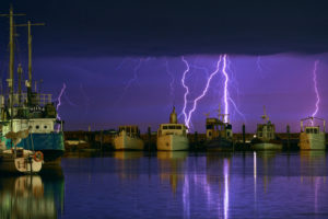 lightning, Purple, Boats, Harbor, Storm, Night