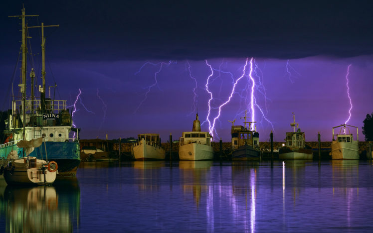 lightning, Purple, Boats, Harbor, Storm, Night HD Wallpaper Desktop Background