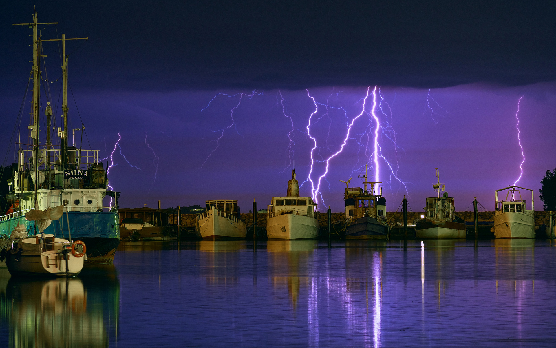lightning, Purple, Boats, Harbor, Storm, Night Wallpaper