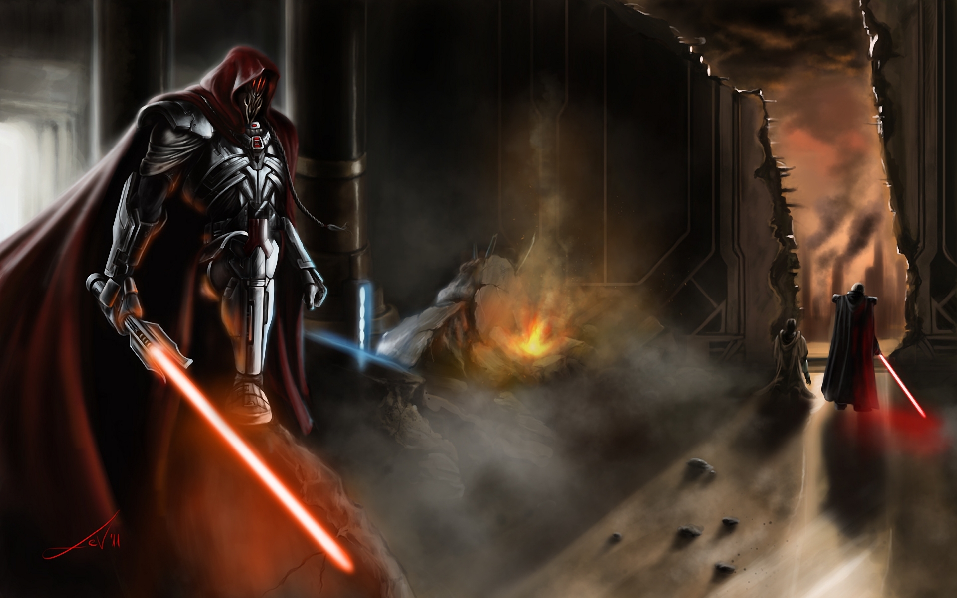 art, Star, Wars, Men, Sword, Laser, Coat, Smoke, Fire, Opening, Buildings, City Wallpaper