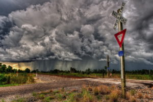 railroad, Sign, Crossing, Train, Sky, Storm, Rain, Hdr, Clouds