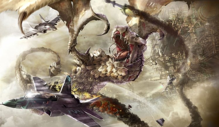 battle, Dragon, Airplane, Fighter, Airplanes, Smoke, Fantasy, Aviation, Sci fi, Dragons, Jet, Military HD Wallpaper Desktop Background
