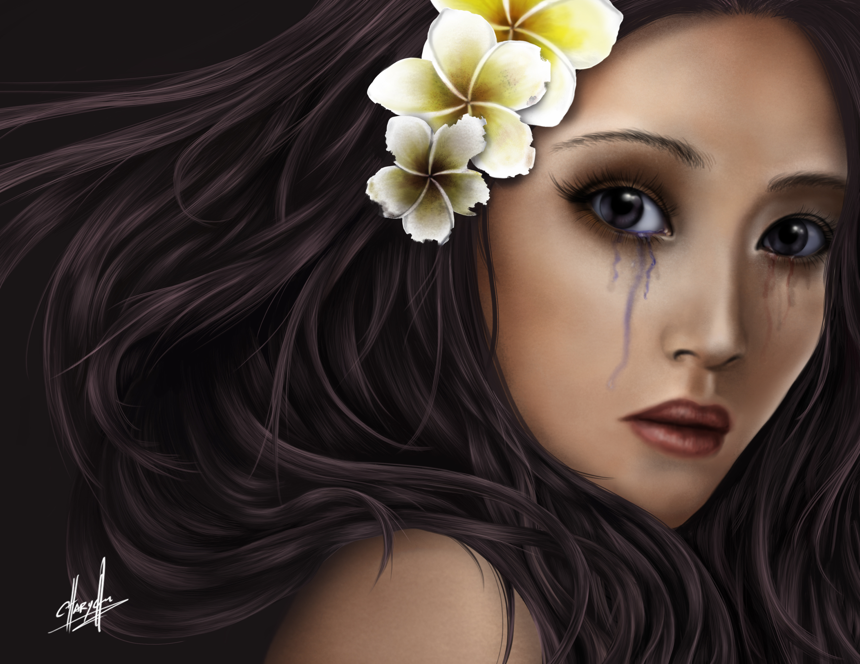gothic, Plumeria, Hair, Face, Brunette, Girl, Glance, Girls, Mood Wallpaper