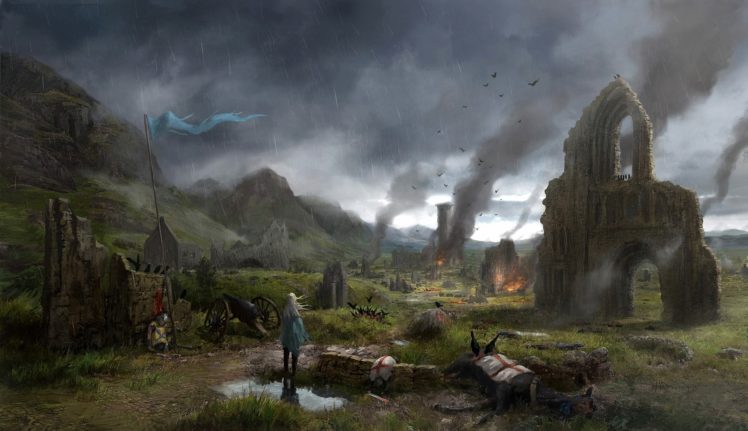 middle, Ages, Ruins, Village, Fire, Apocalyptic, Rain, Battle HD Wallpaper Desktop Background
