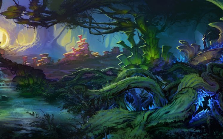 art, Landscape, Fantasy, World, Bush, Plants, Trees, Roots, Creek, Forest, Magical HD Wallpaper Desktop Background