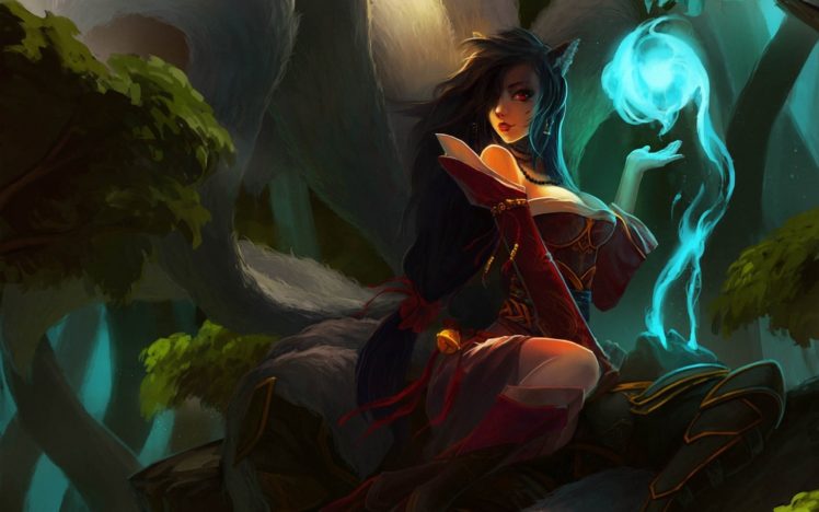 lol, League, Of, Legends, Ahri, Girl, Ears, Tails, Magic, Spirit, Warrior, Dead, Forest, Fantasy HD Wallpaper Desktop Background