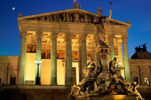 architecture, Wien, Austria, Pallas, Athena, Fountain, Parliament, Building, Night
