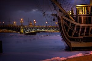 river, Winter, Ship, Bridge