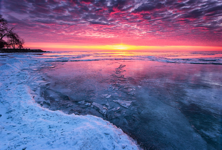 sunset, Winter, Lake, Ice, Cold HD Wallpaper Desktop Background