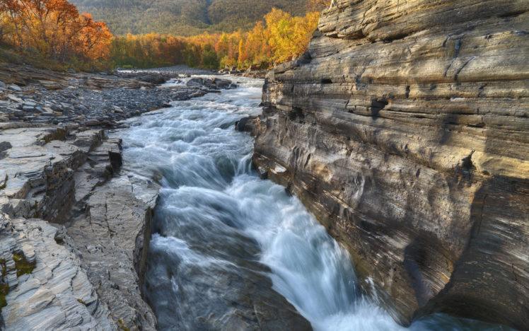 sweden, River, Rock, Fall, Autumn, Fall, Forest HD Wallpaper Desktop Background