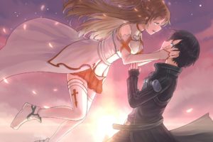 sword, Art, Online, Yuuki, Asuna, Kirito, Girl, Guy, Two, Fall, Sunset, Sky, Clouds, Petals