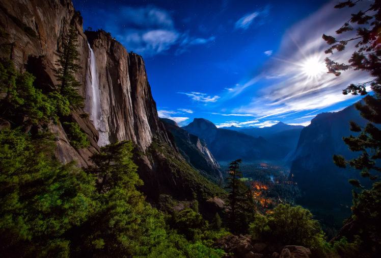 yosemite, National, Park, Waterfall, Night, Moon, Light, Sky, Stars, Mountains, Rocks, Forest, Valley, Light HD Wallpaper Desktop Background