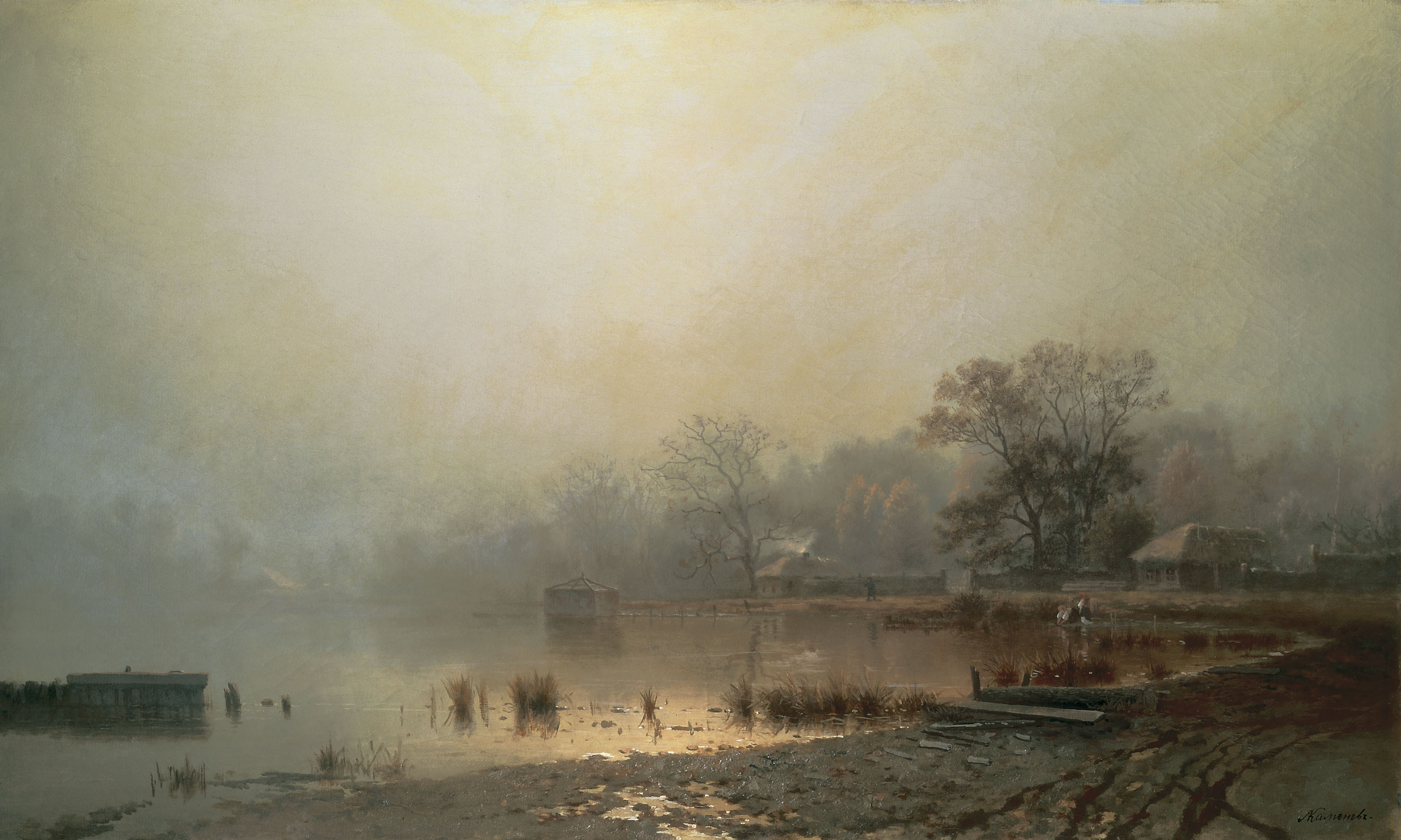 pond, Mist, A, Village, Art, Artwork, Painting, Rustic, Vintage, Lake, Mood Wallpaper