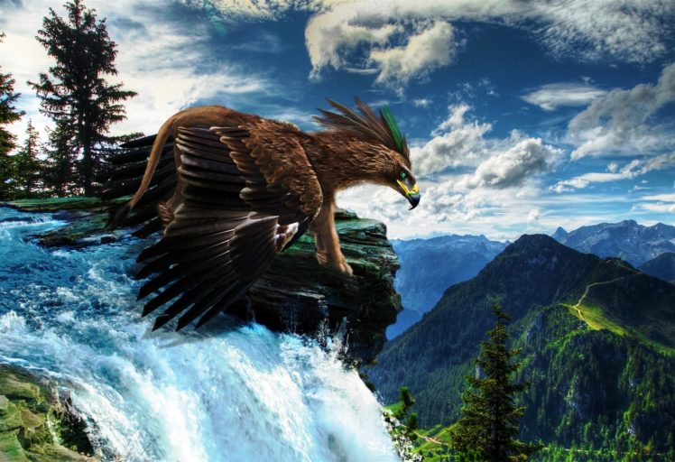 magical, Animals, Scenery, Waterfall, Gryphon, Eagle, Landscape, Mountain, Sky, Clouds, River HD Wallpaper Desktop Background