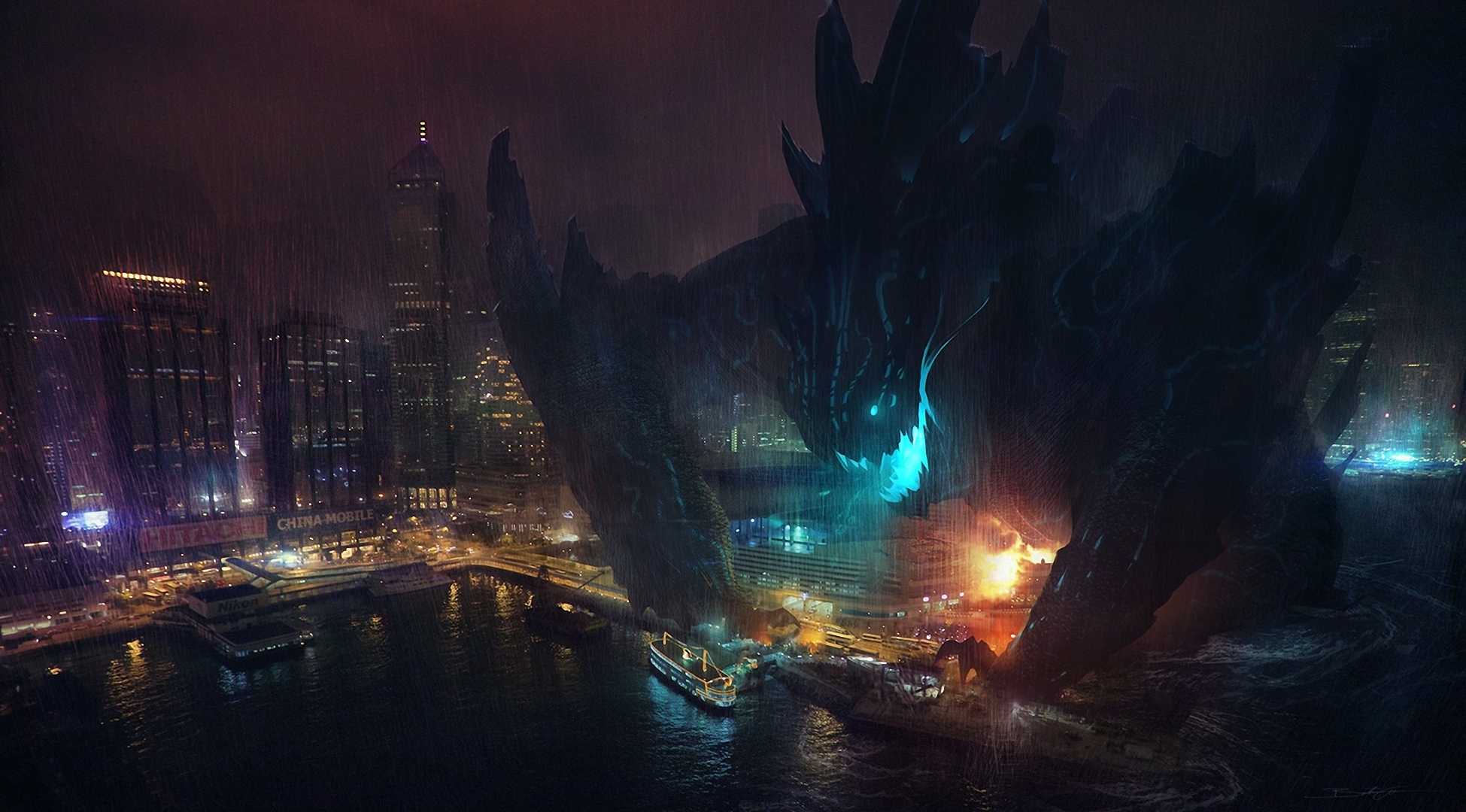 pacific, Rim, Film, Monster, Coast, Rain, Night, Movie, Cities, Fantasy, City, Sci fi Wallpaper