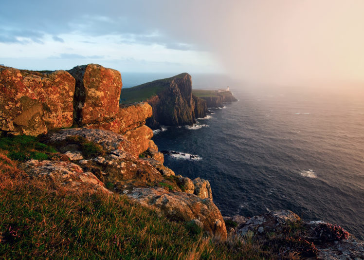 coast, Stones, Scotland, Sea, Crag, Nature, Shore, Ocean, Lighthouse HD Wallpaper Desktop Background
