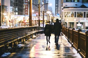evening, Street, People, Man, Woman, Cold, Chicago, Lights, Mood